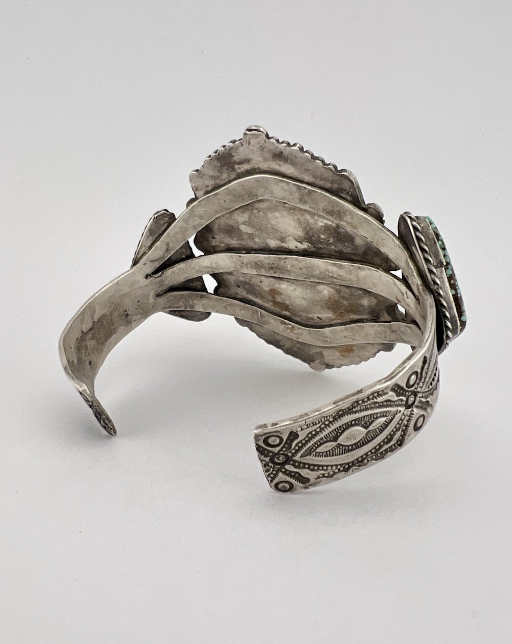 Fred Harvey Navajo Sterling Silver Spiderweb #8 Turquoise Stamped Cuff Bracelet
