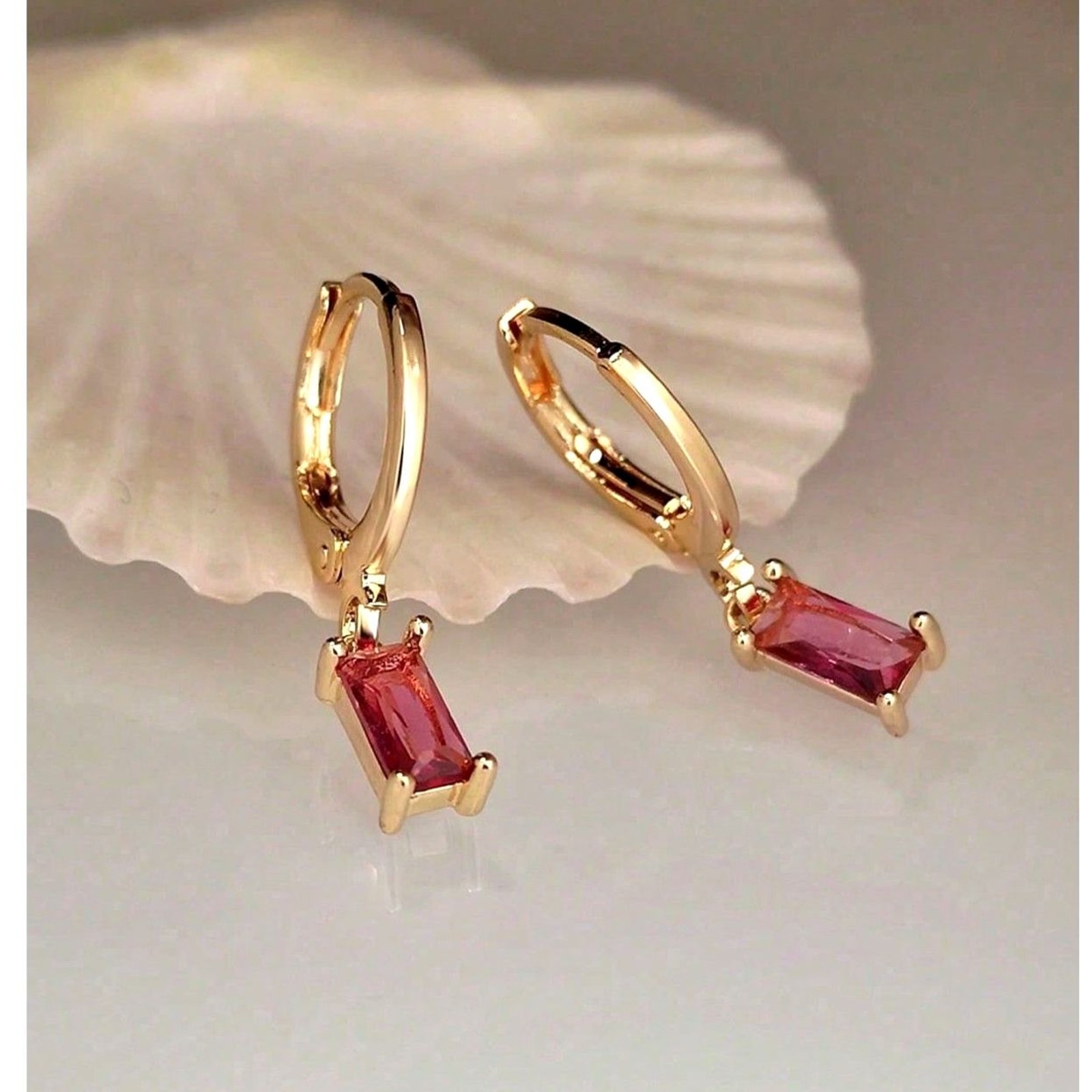 Emerald Cut Pink Zirconia Gold Hoop Earrings Dangle Pendant Drop Crystal Charm