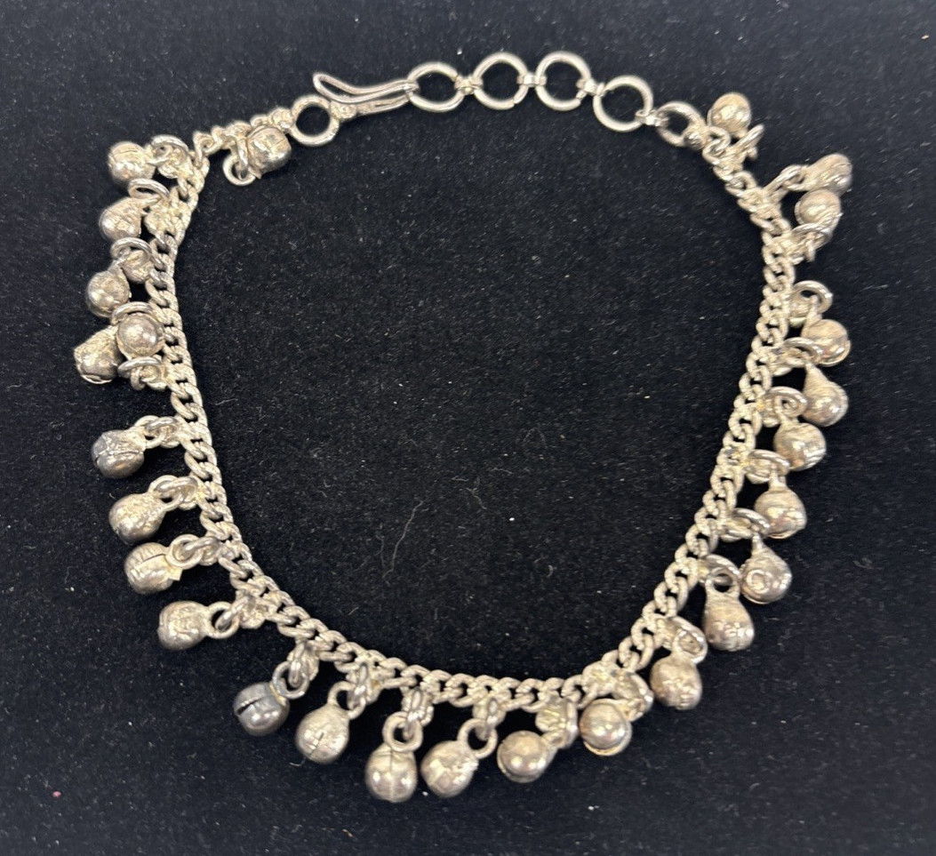 Silver Tone Jingle Bell Charm Adj 9.75-11.5″ Vintage Anklet Boho Belly Dancer