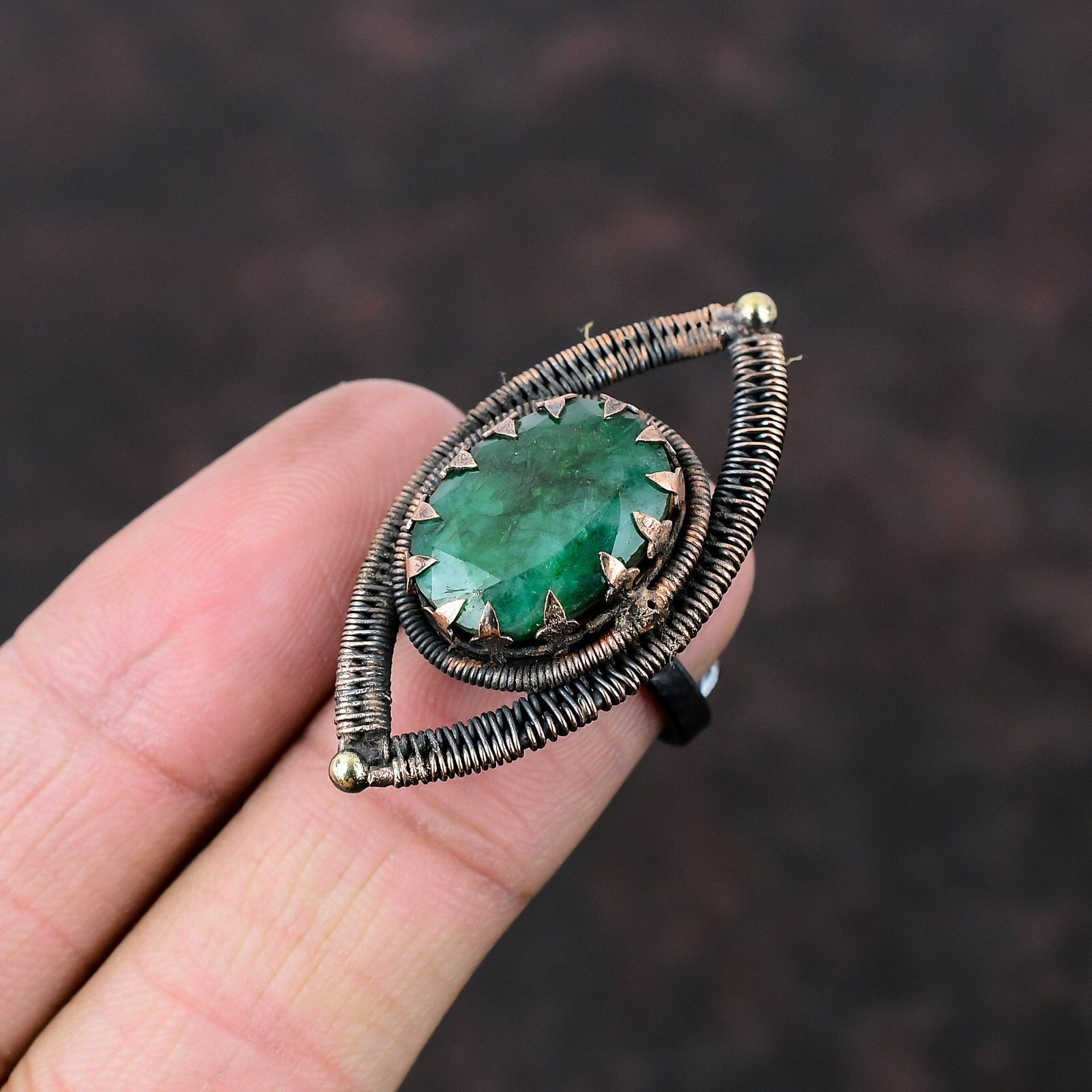 Copper Oval Zambian Emrald Gemstone Wire Wrapped Wedding Statement Ring Jewelry