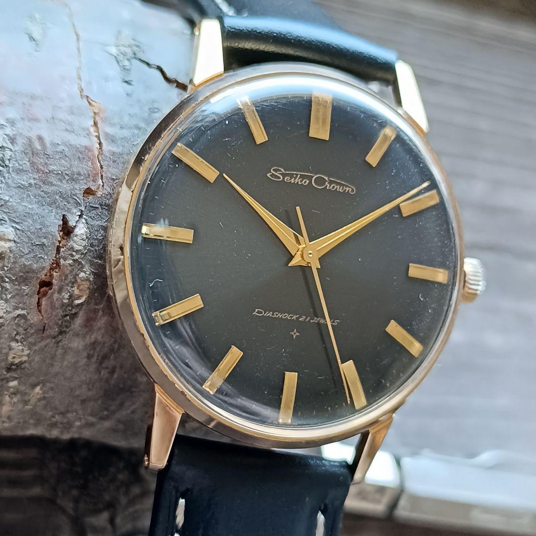 Seiko Crown Manual Wind Watch Black Dial Gold Plated 36mm Used