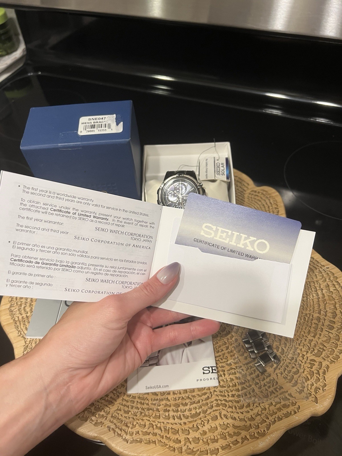 Seiko Solar Chronograph Watch Black Dial Date Alarm SSC143 New In Box