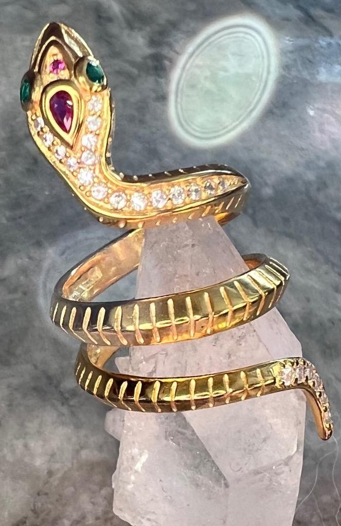 REAL Ruby Emerald Diamond Snake Ring 14K Y Gold on 925 wrap coiled Egyptian Rev