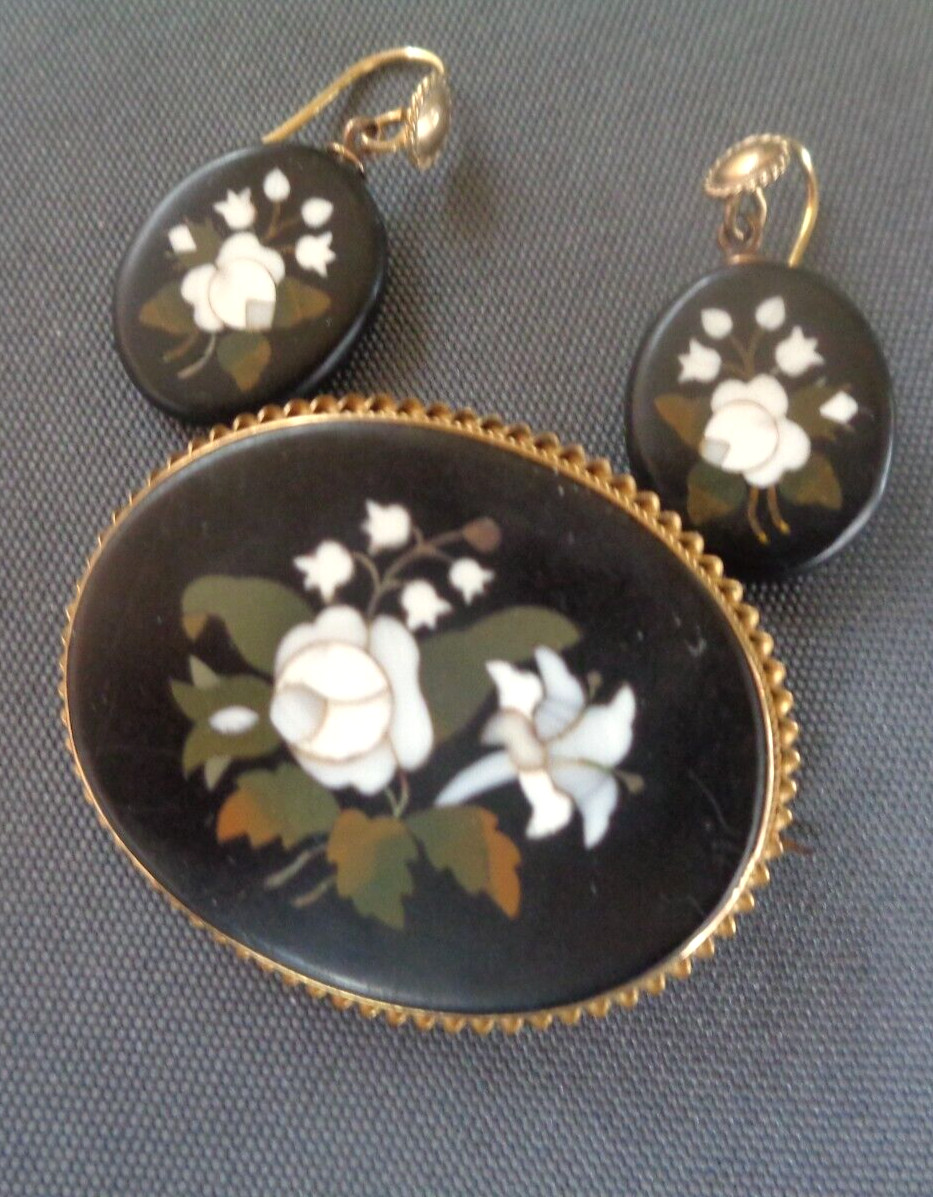 Pietra Dura Mosaic Booch Earrings Set Victorian Antique 15ct Gold Floral c1880s