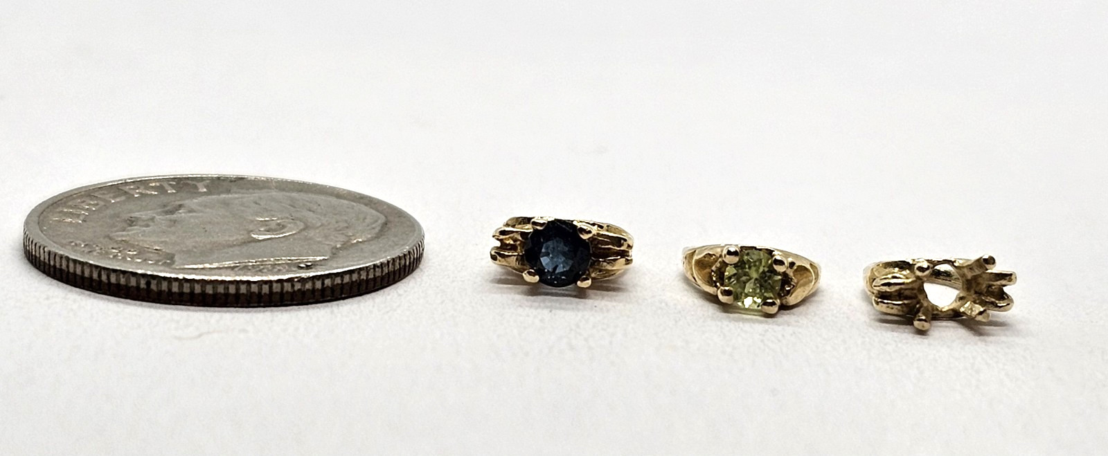 3 Tiny rings 14K yellow gold single birthstone charm sapphire, peridot .89 grams