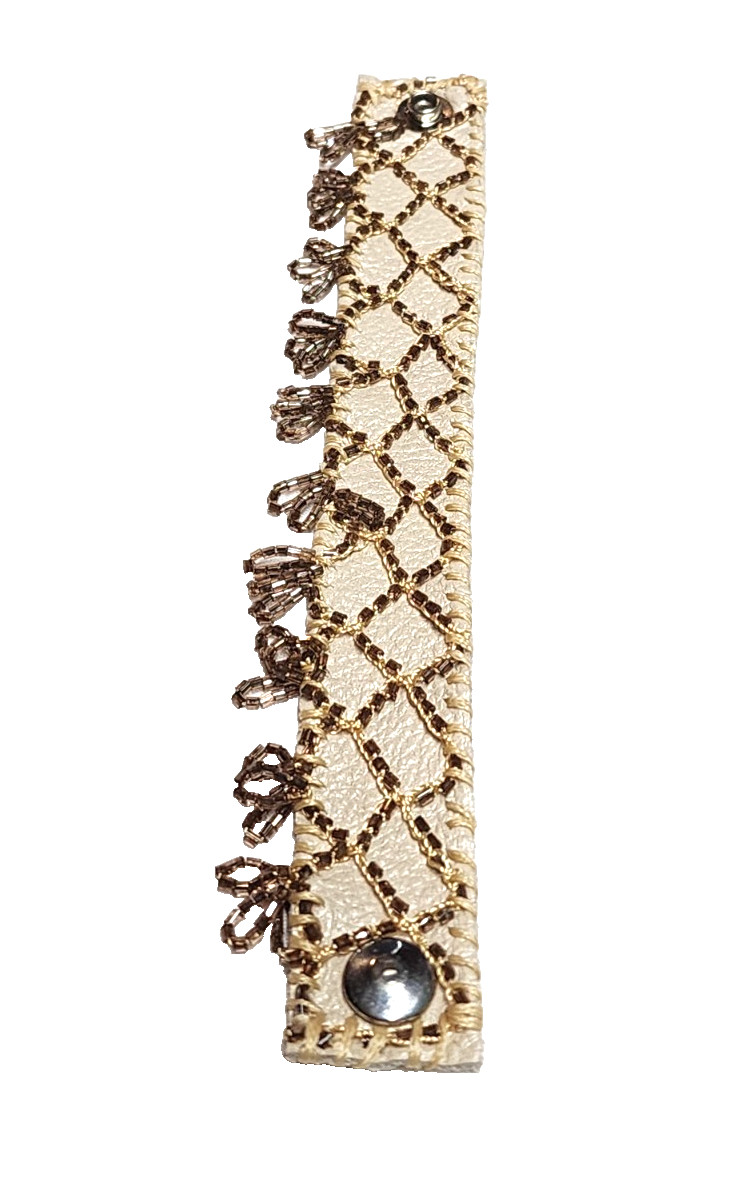 Handmade Cream White Genuine Leather Champagne Glass Beaded Cuff Bracelet Boho