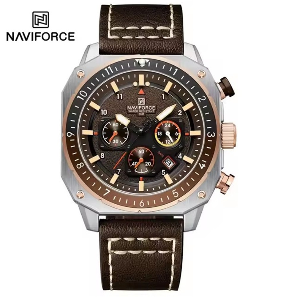 NAVIFORCE Men Watches Military Chronograph Square Watch Leather Date Wristwatch
