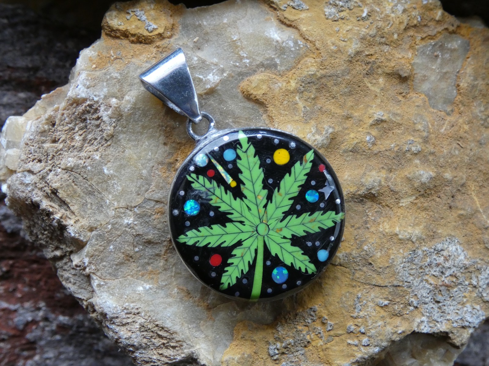Marijuana Leaf 420 Gemstone Opal Aluminum Sterling Silver Alloy Pendant AS95