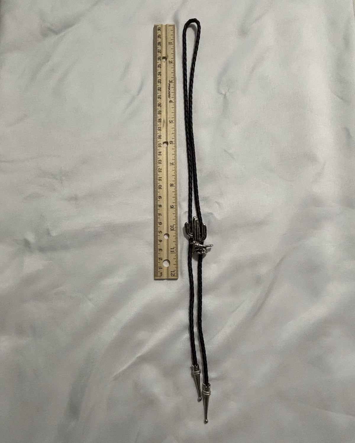 Black Leather Bolo Tie Silver Tone Saguaro Cactus Slide Western 36 in