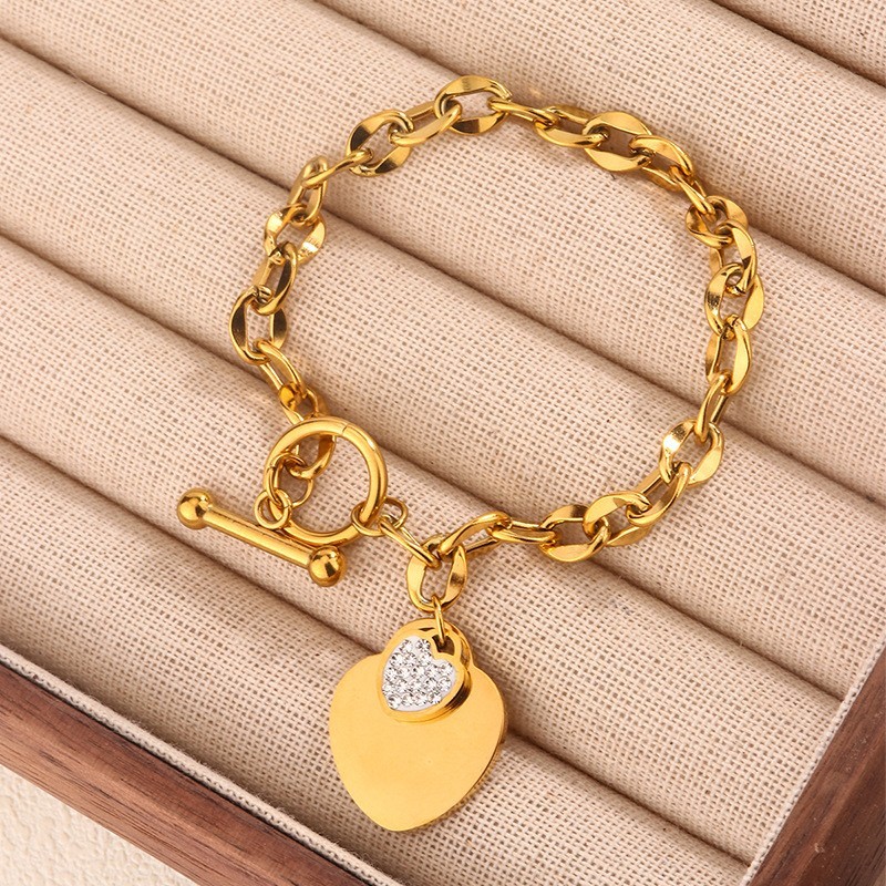 Women’s Heart Inlay Rhinestone Pendant Bracelet OT Buckle Titanium Steel Bracele