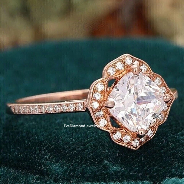VVS1 Moissanite Cushion Cut 14K Rose Gold Plated Wedding Engagement Halo Ring