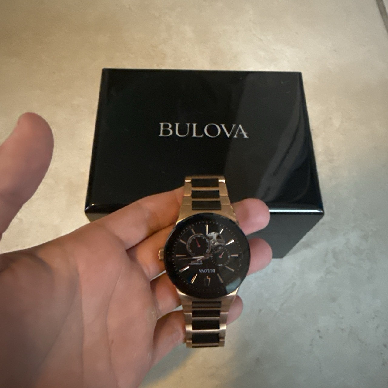 Bulova Latin GRAMMY Quartz Chronograph 40mm Black Dial Gold Bracelet Box