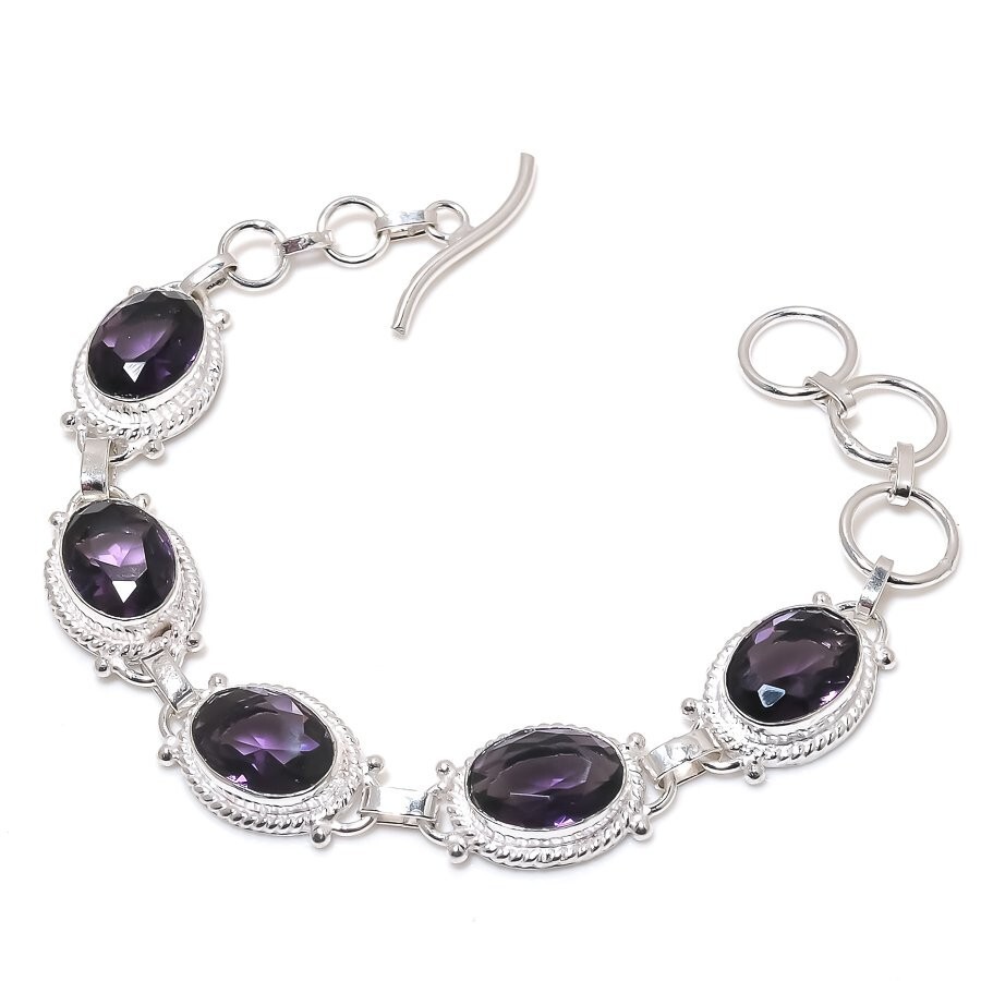 Purple Amethyst Gemstone Handmade 925 Sterling Silver Jewelry Bracelet Size 7-8″