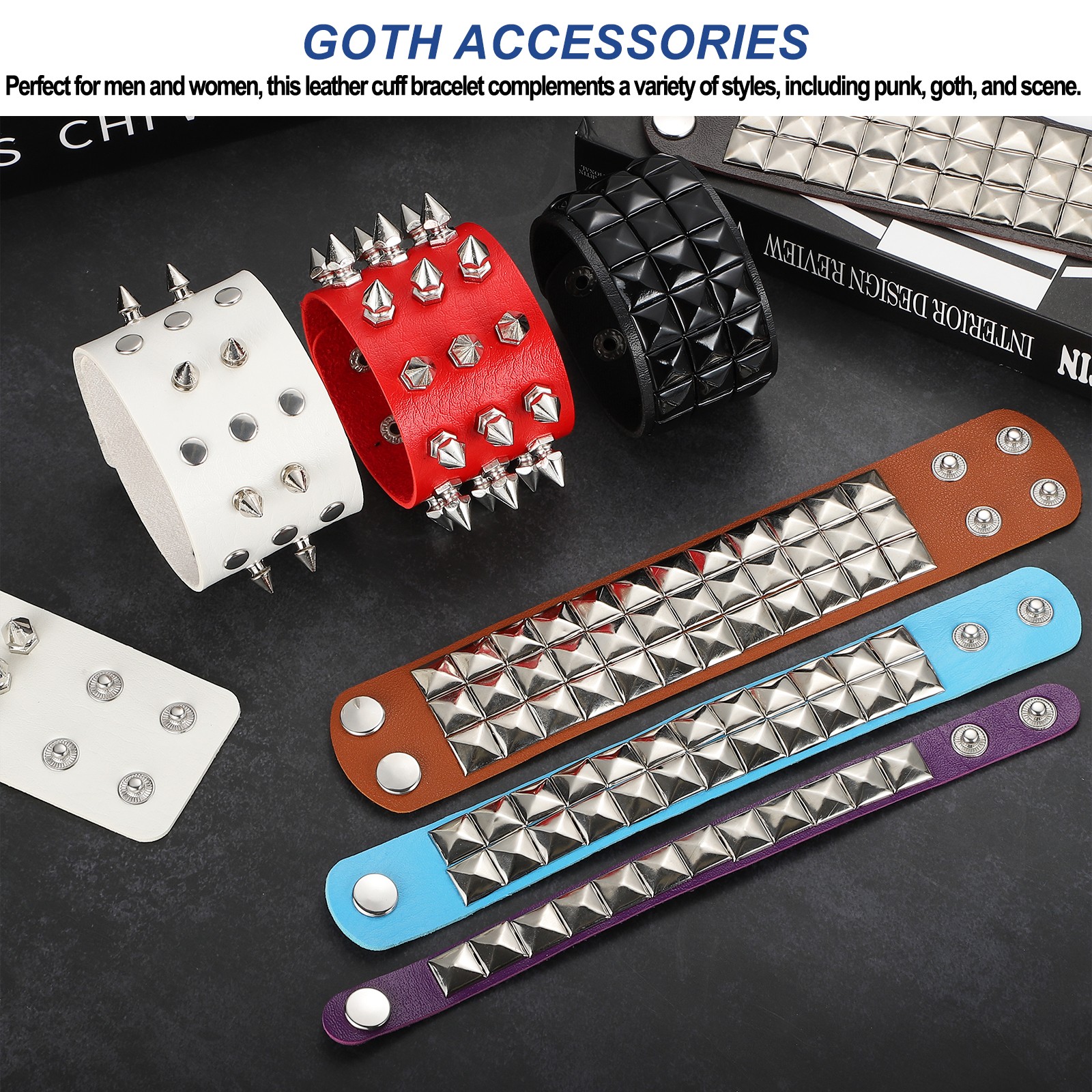 2Pack Leather Punk Bracelet 9.8″/25cm Layered Row Spikes Goth Bracelet White