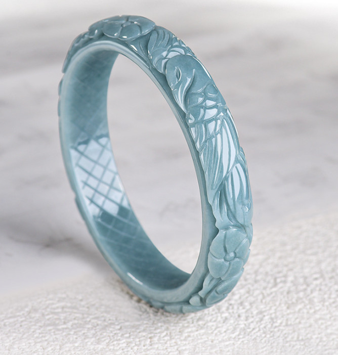 Certified 52-62mm Blue Water Grade A Jade jadeite Carved Phoenix Bangle Bracelet