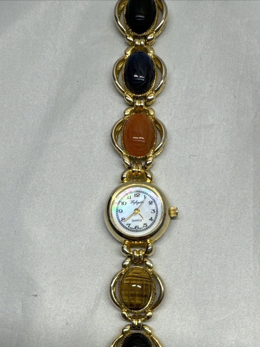 Vintage Lafayette MOP Semi-Precious Stone Egypt Scarab Beetle 22MM 7″