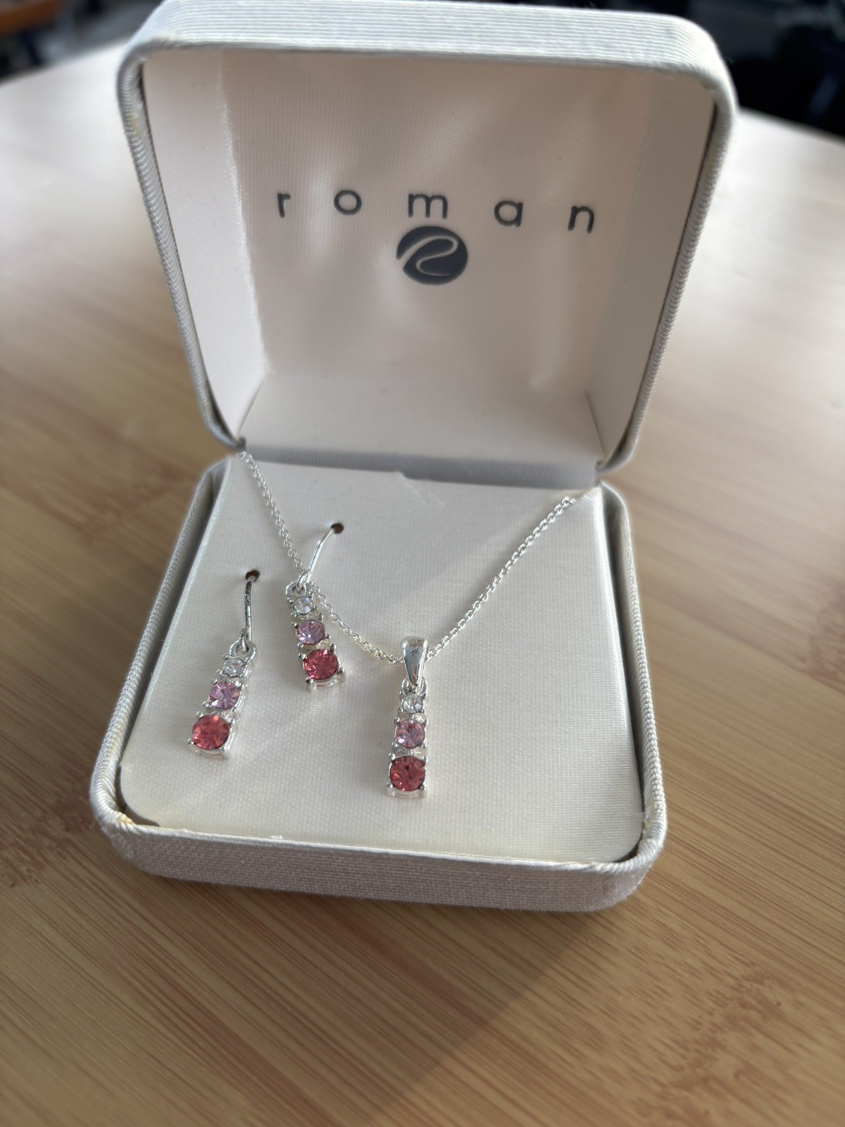 Roman Valentine Gift-3pc Jewelry Set Pink Gems Silver Necklace and Earring Set