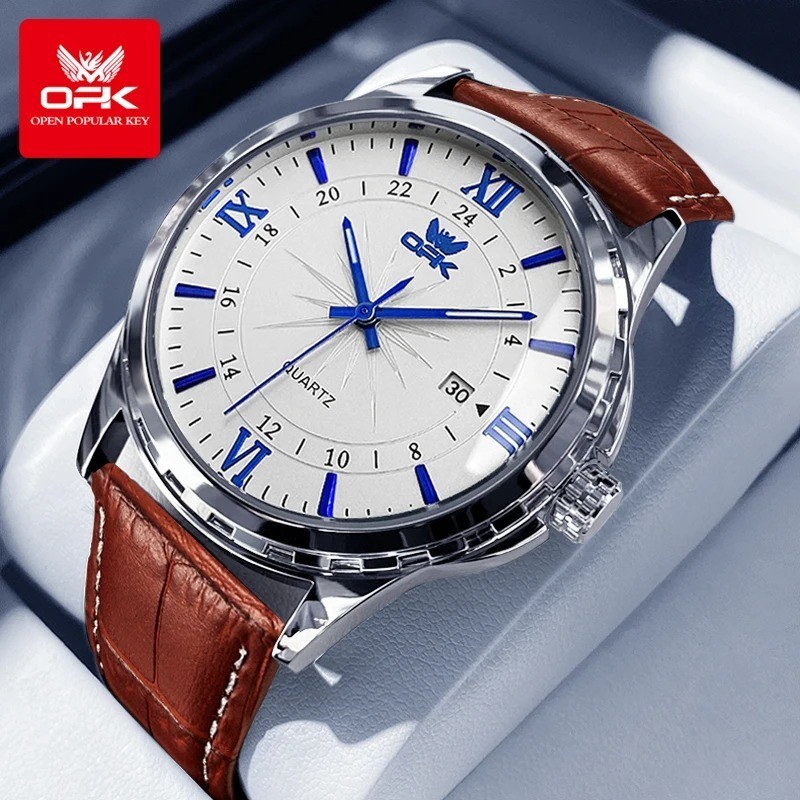 OPK Quartz Watch Men Comfortable Leather Strap Waterproof Fashion Dress Wristwat