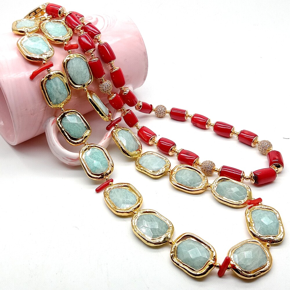 2 Strands Red Coral Green Amazonite Necklace Cubic Zirconia Pave Clasp 21″