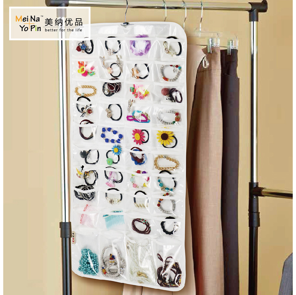 Beige 80 Pocket Double Side Hanging Jewelry Organizer Accessories Holder Storage