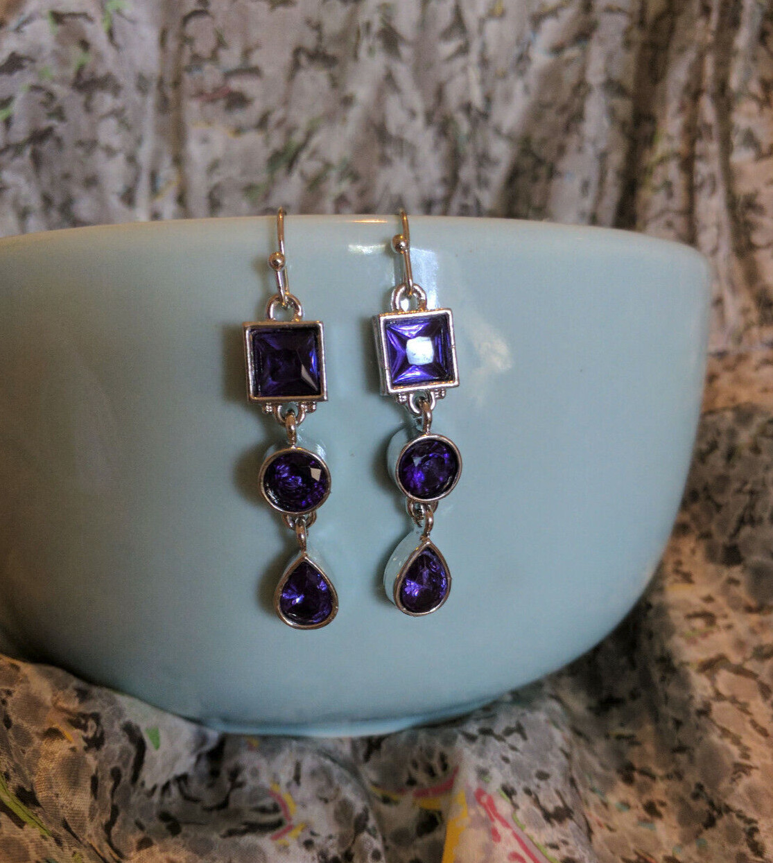 Faux Amethyst Purple Water Drop Pear/Round/Square Plated Dangle Hook Earrings
