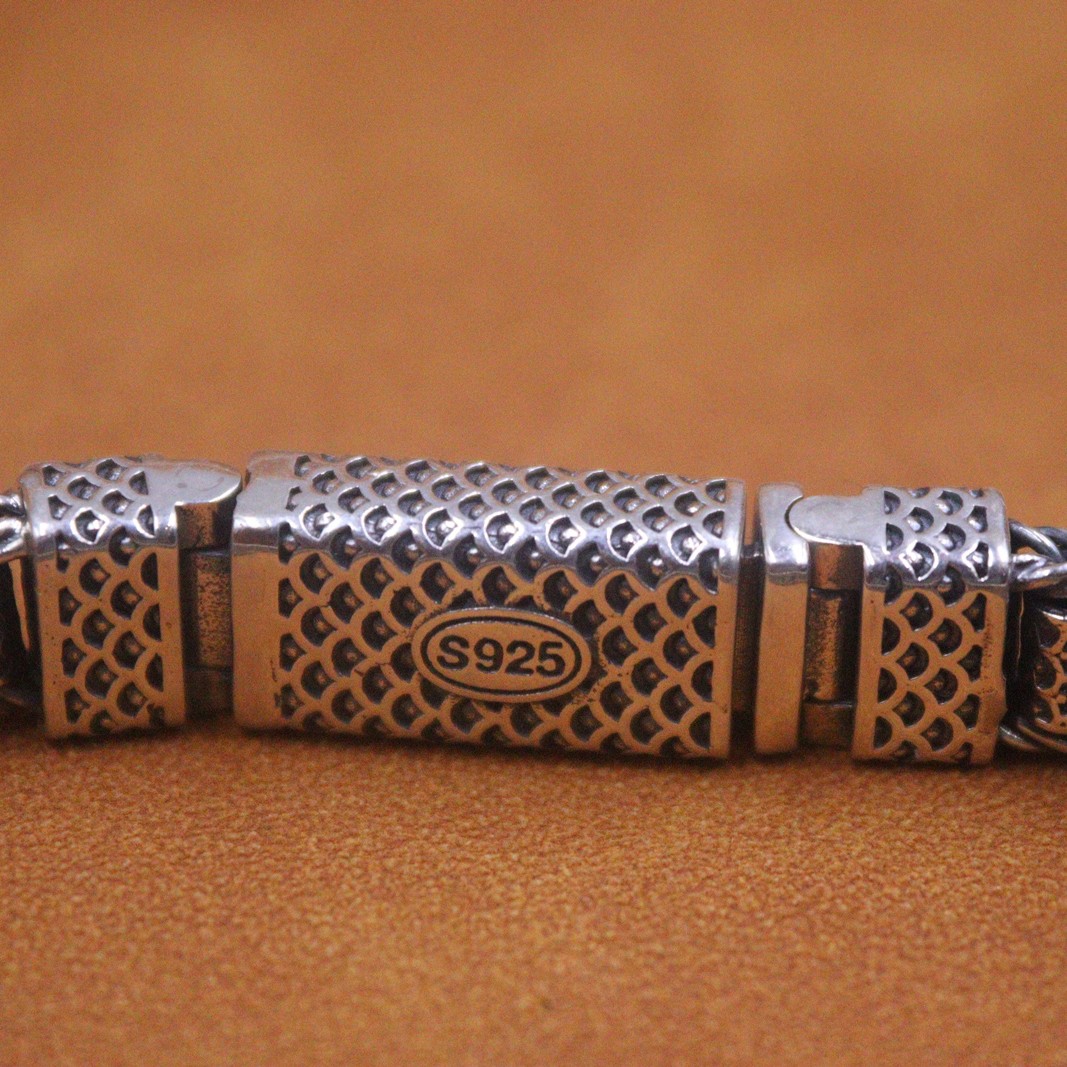 Real 925 Sterling Silver Bracelet Men 9mm Vintage Long Tube Beaded Link 7.5inch