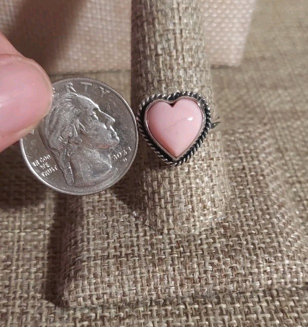 New Sterling Silver & Natural Pink Conch Heart Adjustable Ring