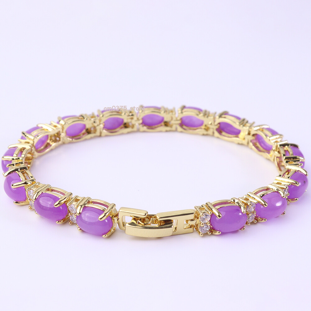 Yellow Gold Plated Alloy Purple Jadeite Zirconic Jade Women’s Bracelet 7.1inchL