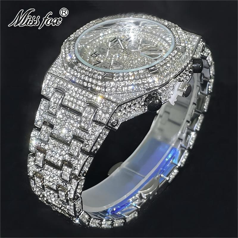 Luxury Chronograph Hip Hop King Bling Ice out Men’s Watch Iced Silver Cz Diamond