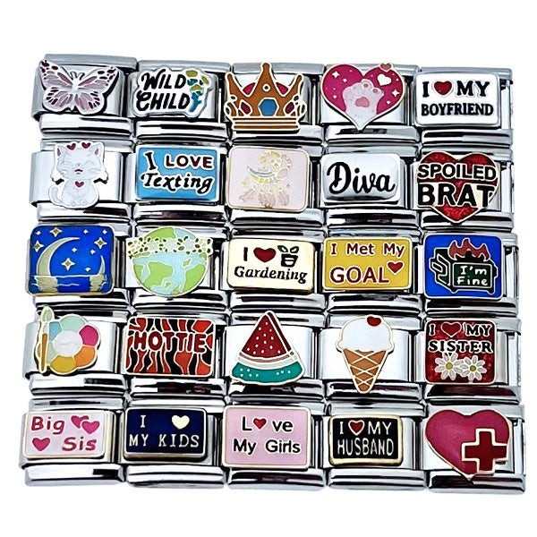 9mm Italian Charms – Assorted Enamels Glitter & Sassy Sayings (Col #24)
