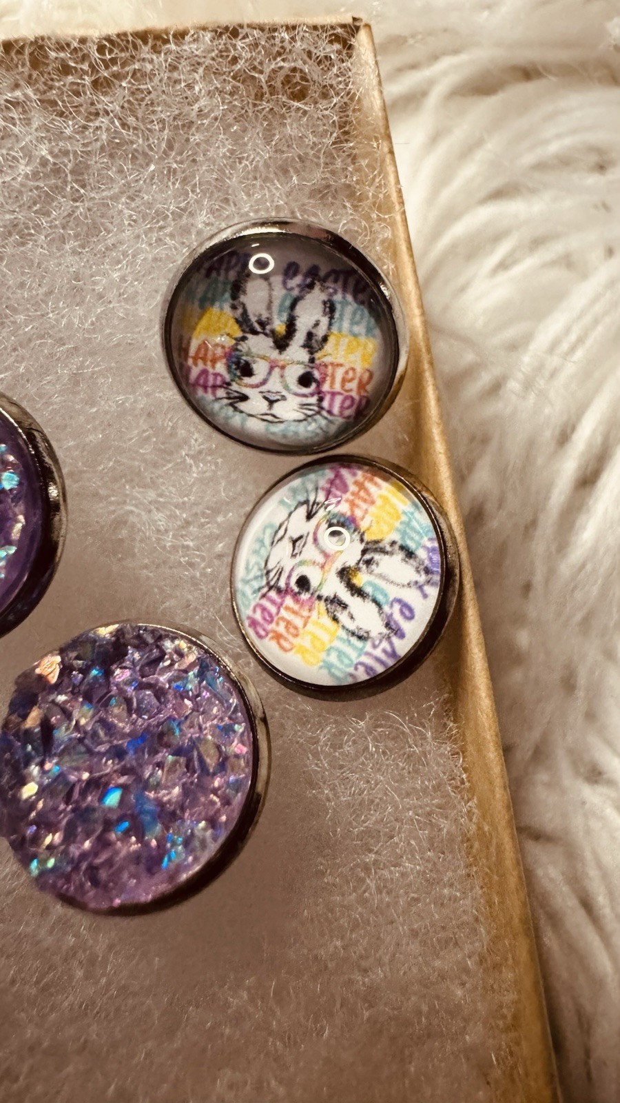 Lot of 2 Resin Round Stud Earrings Purple Druzy & Bunny Print Glossy/ Easter