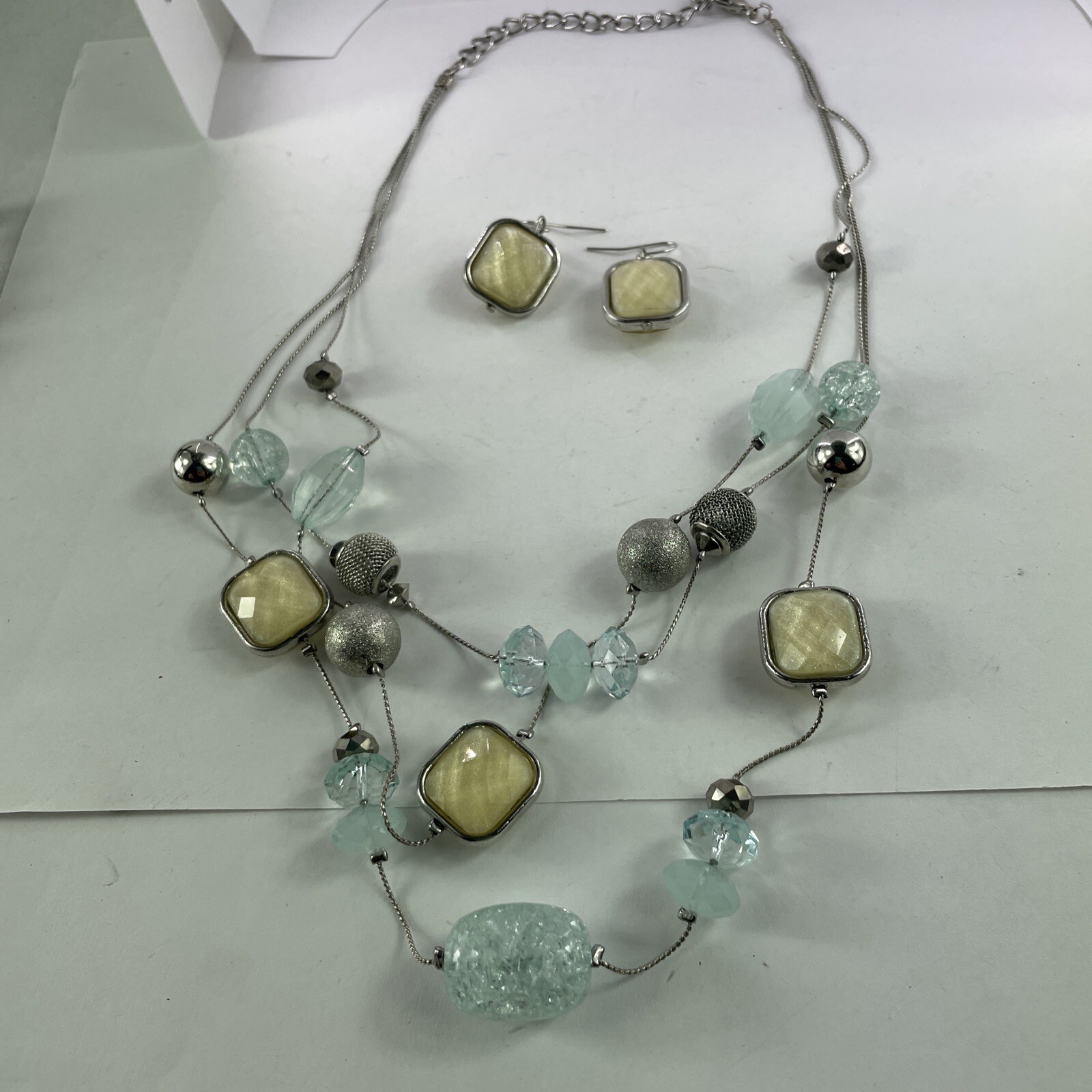Necklace & Earrings Set, Beaded, Stones, Ivory & Blue, Silver Toned, Layered