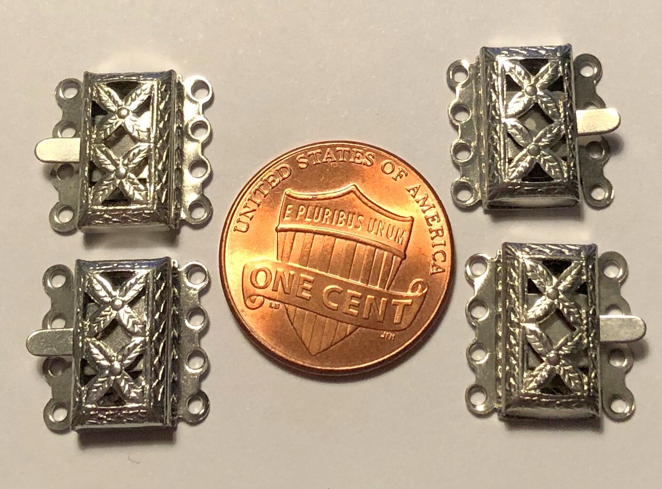 Lot of 4 Silver Tone Metal 4 Strand Box Clasps 13.4mm Long & 7.6mm Wide