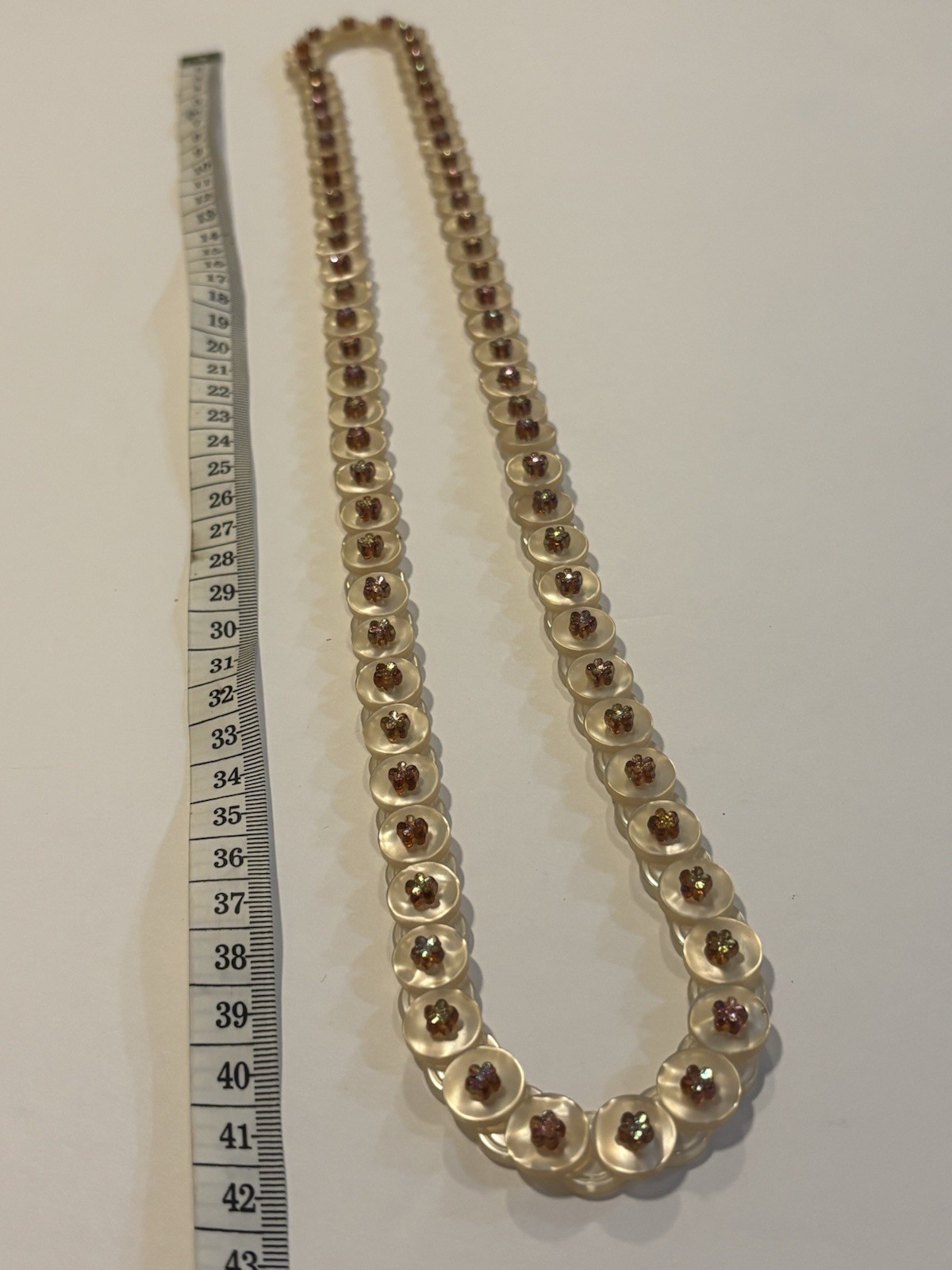 Vintage Pearlescent Disc Flower Necklace Long Cream Beaded Statement Jewelry 33”