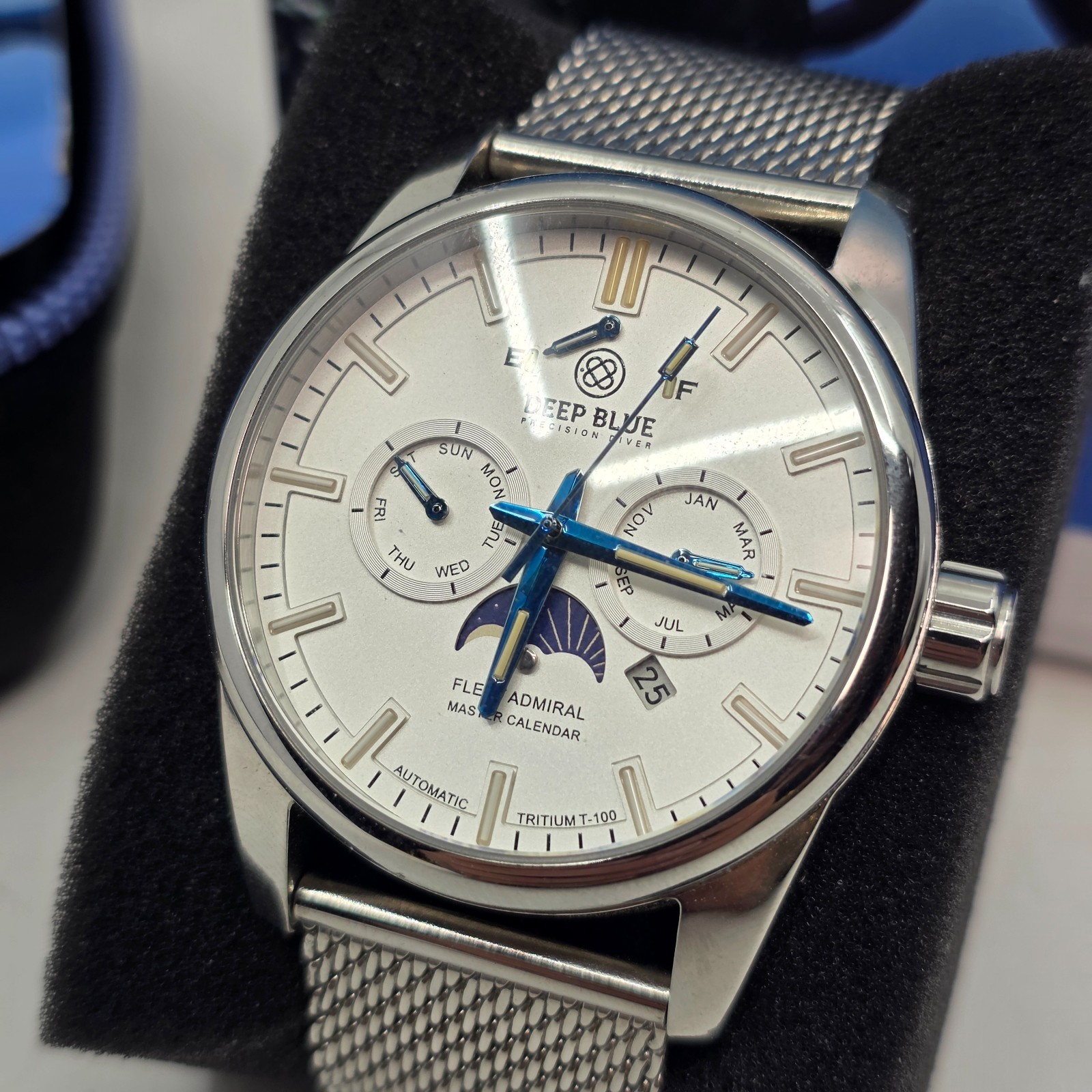 Deep Blue Fleet Admiral Master Calendar Automatic Watch/White Silvertone Dial