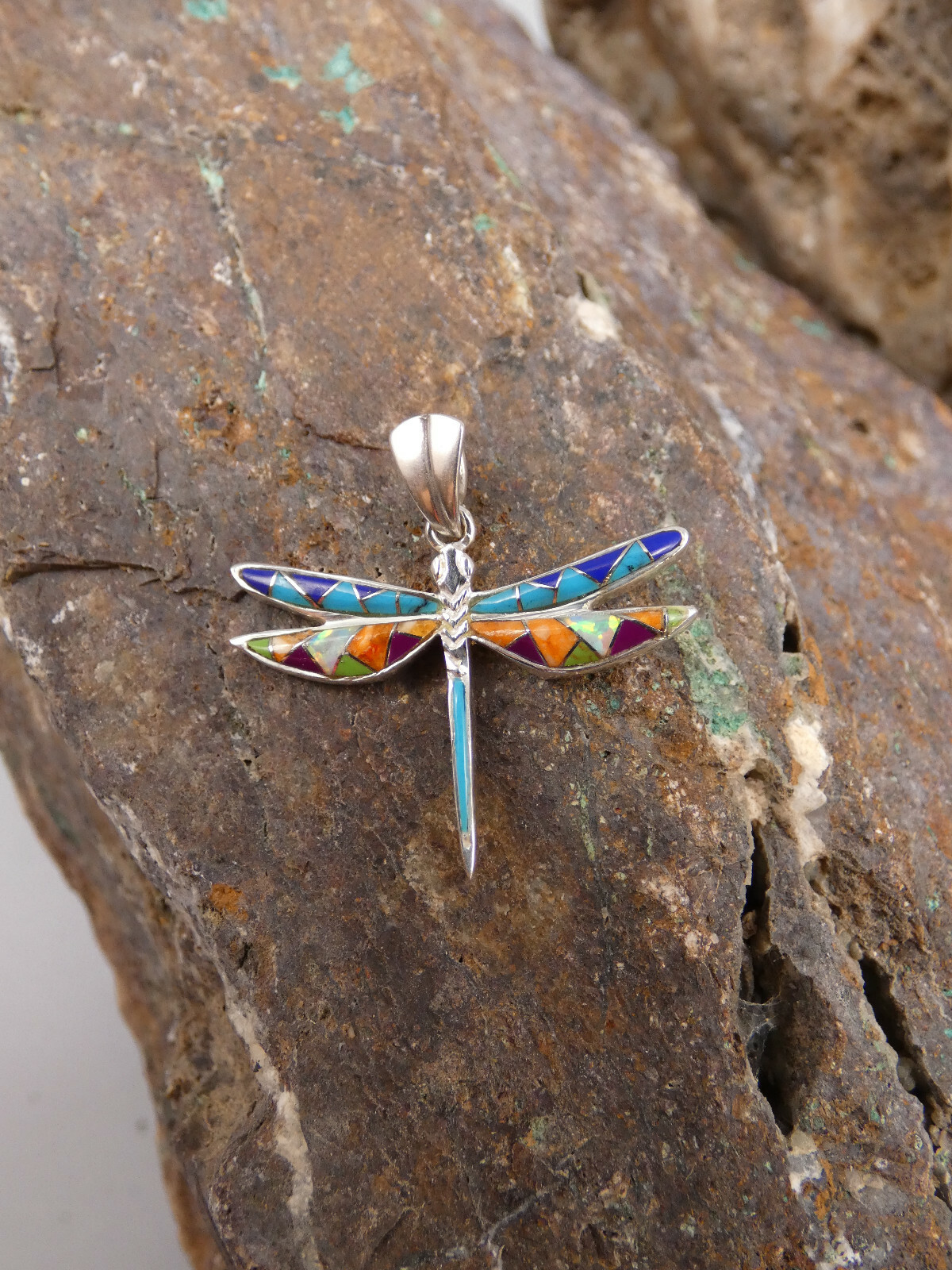 Dragonfly Southwestern Sterling Silver Small Pendant Multi Gemstone & Opal S18