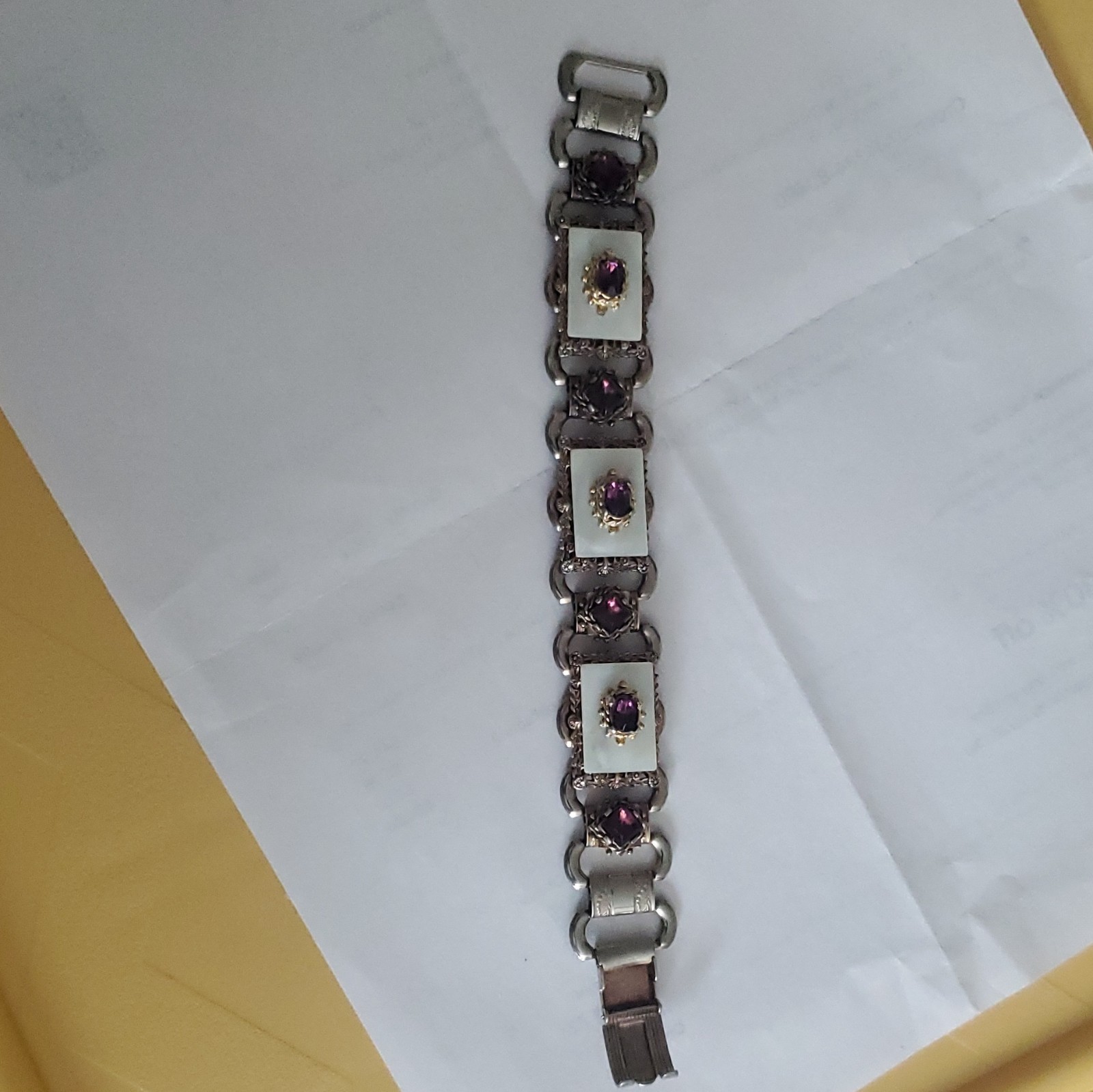 Silver-Tone Link Chain Bracelet w/ Purple Oval Crystal Stations, Foldover Clasp