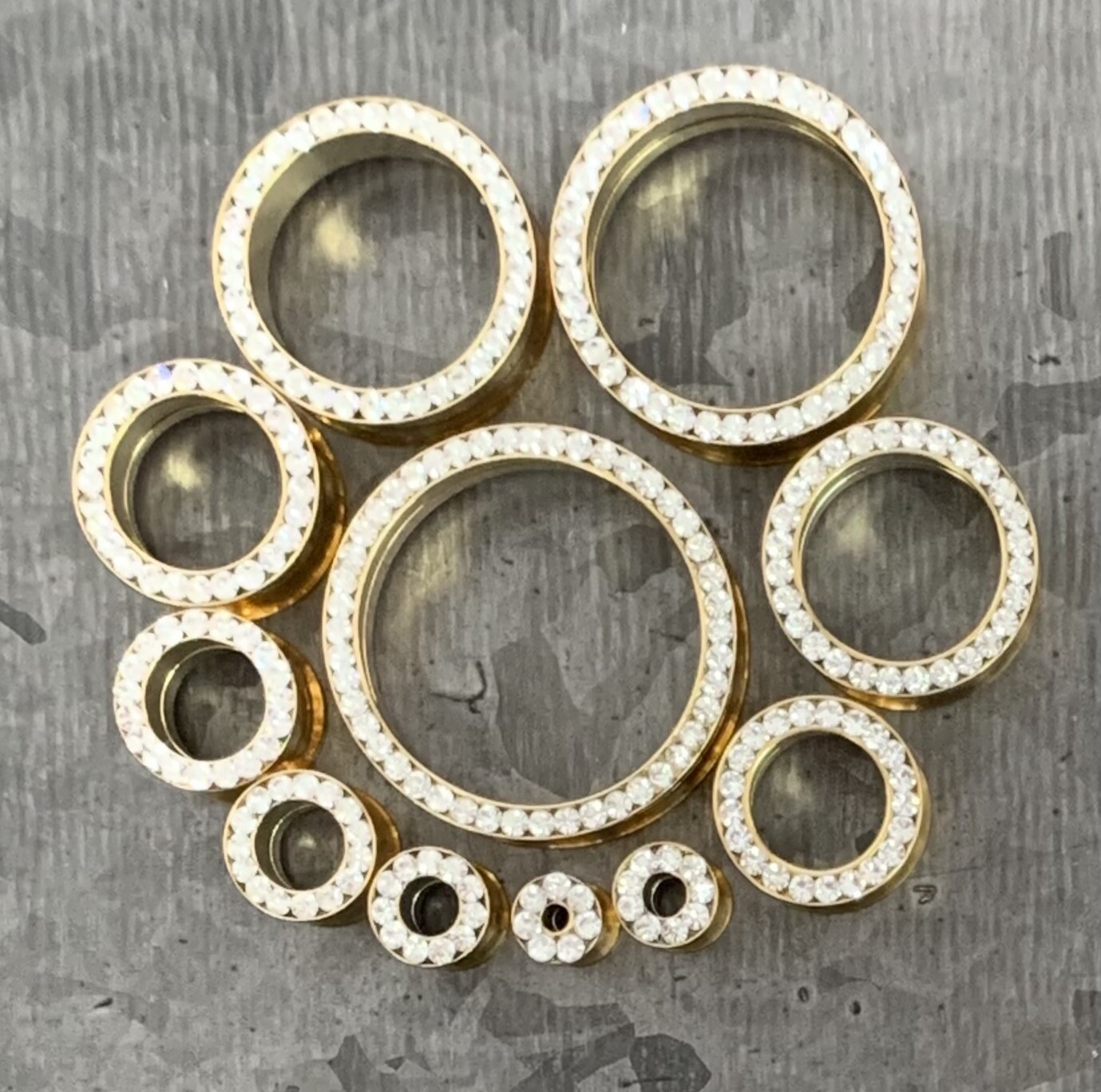 PAIR Gem Rim Gold Double Flare Tunnels Internally Threaded Plugs Earlets Gauges