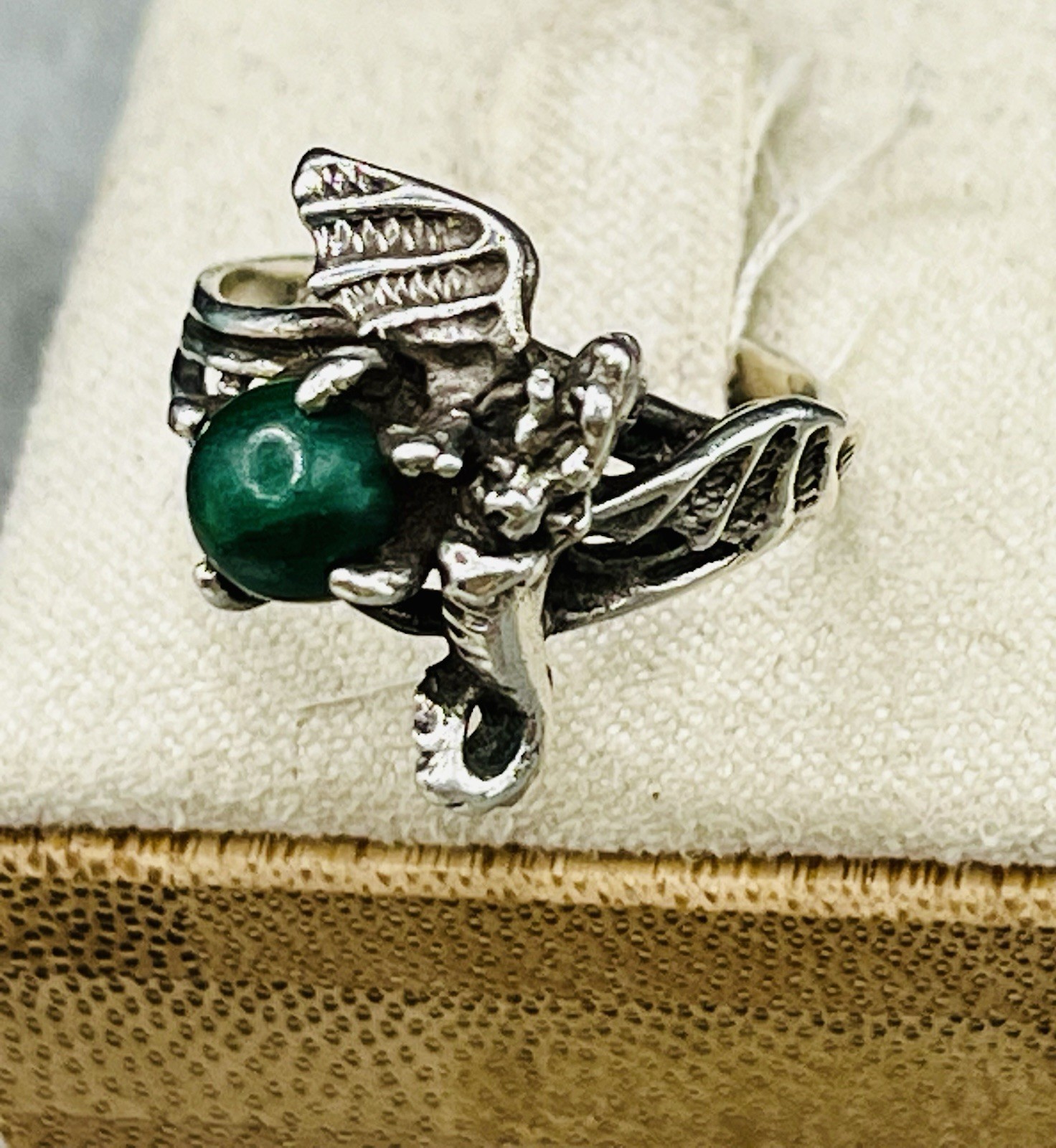 Sterling Silver 3-D Dragon Malachite In Talons Ring Fantasy Gothic Size 5.5
