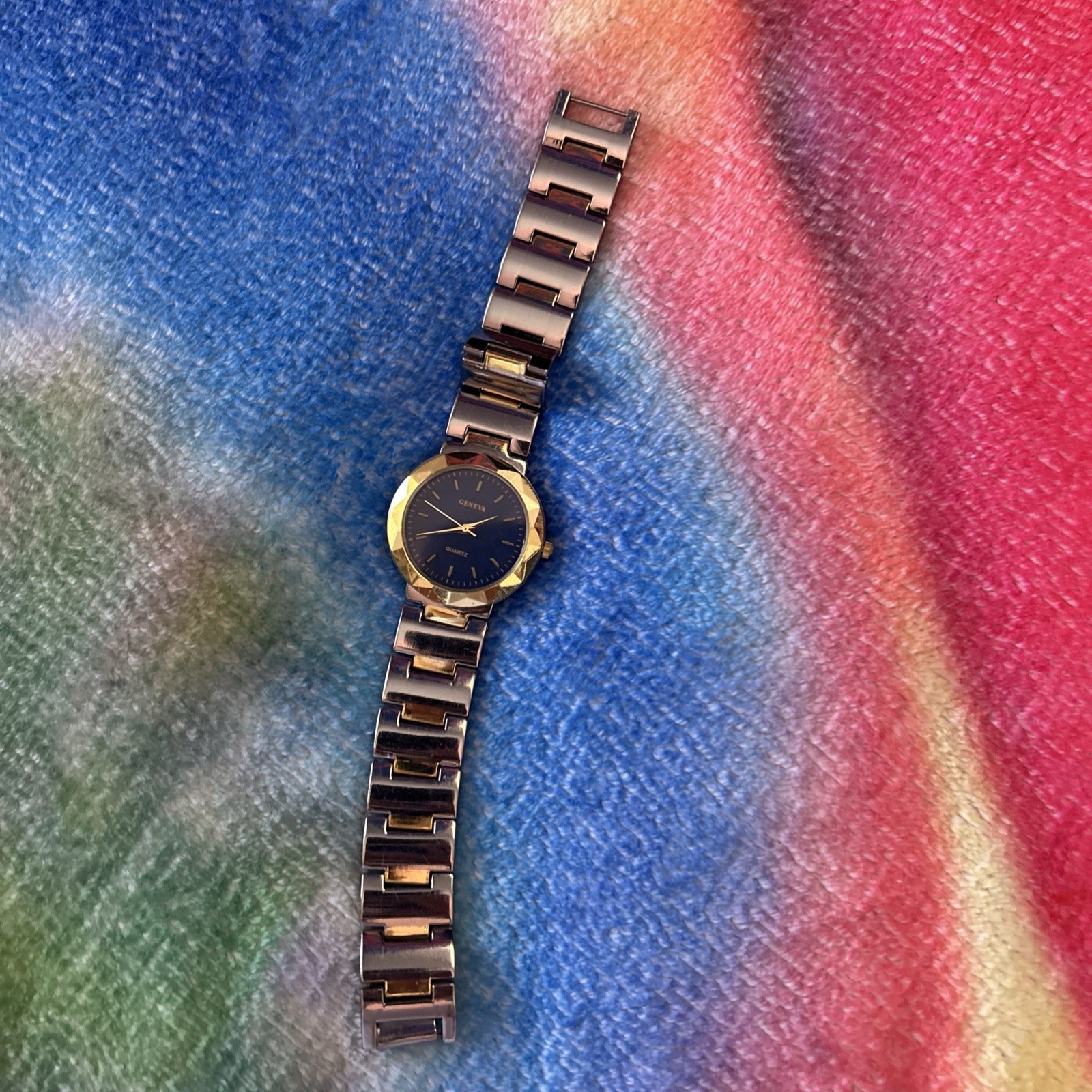Geneva Quartz Blue Face and Gold and Silver Tone Band Watch