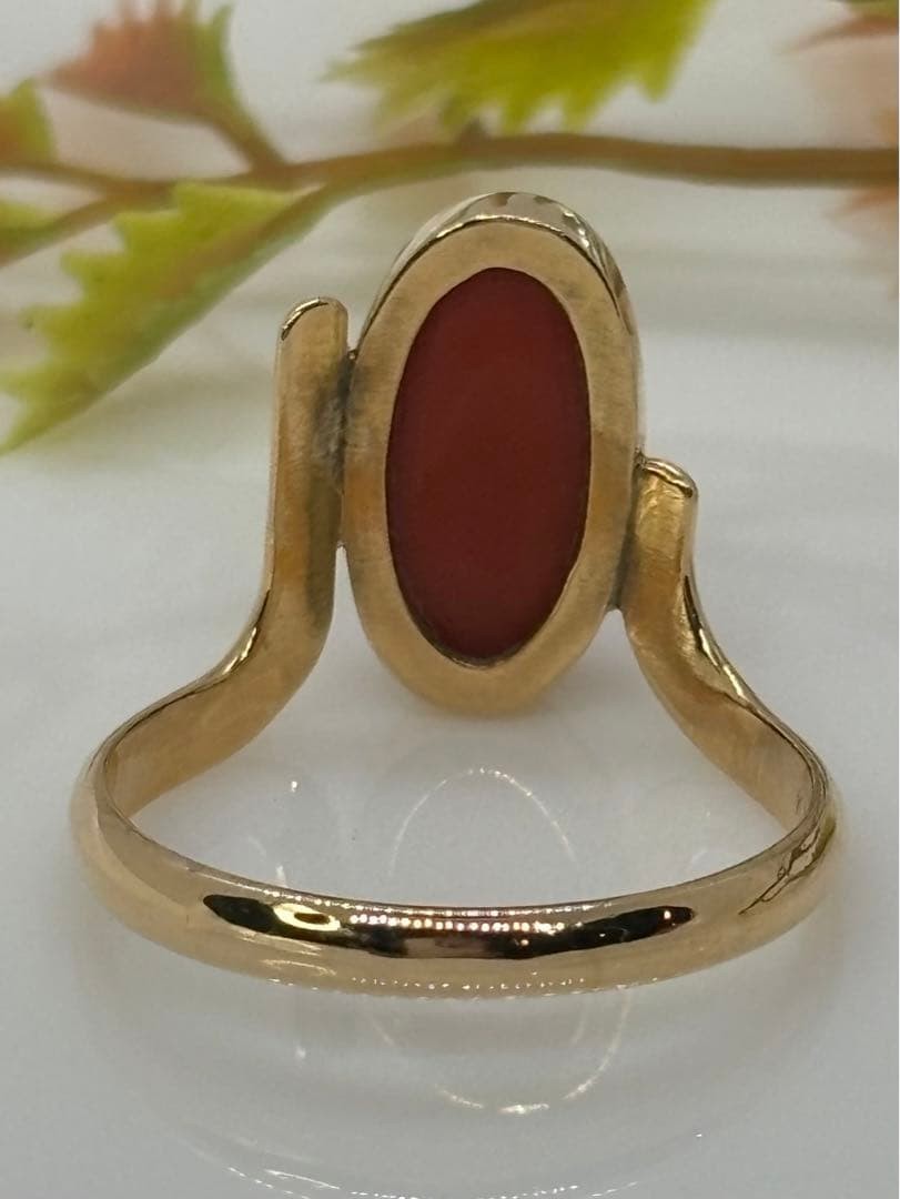 18k Yellow Gold 14.6×8.4mm Natural Japanese Blood Red Coral Ring 4.03g US:8.75