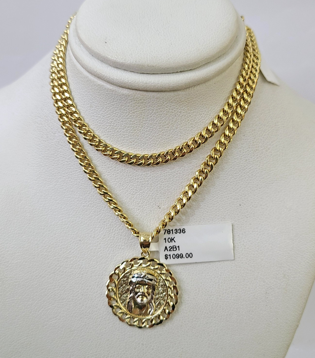 10k Gold Chain Miami Cuban Jesus Head Charm Pendant Set 4mm 18″-28″ Necklace
