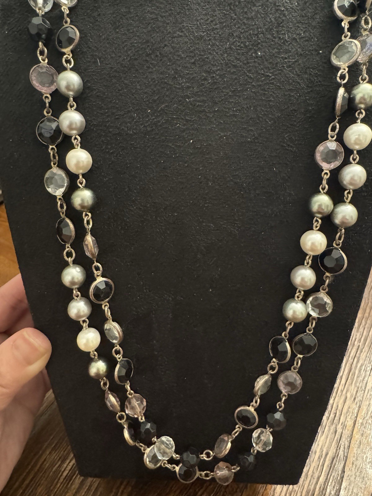 Long Double Strand Faux Pearl & Faceted Crystal Beaded Necklace Black Gray Gold