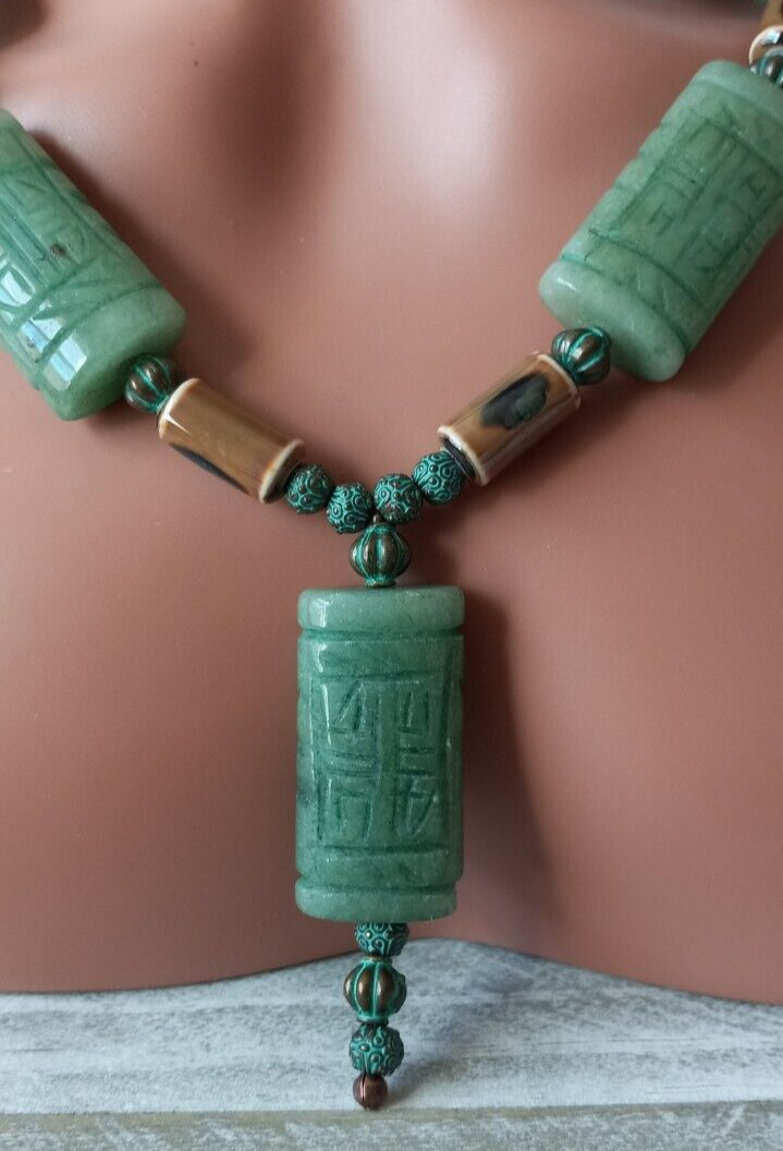 Carved Green Aventurine Zen Asian Inspired Necklace Earring Set
