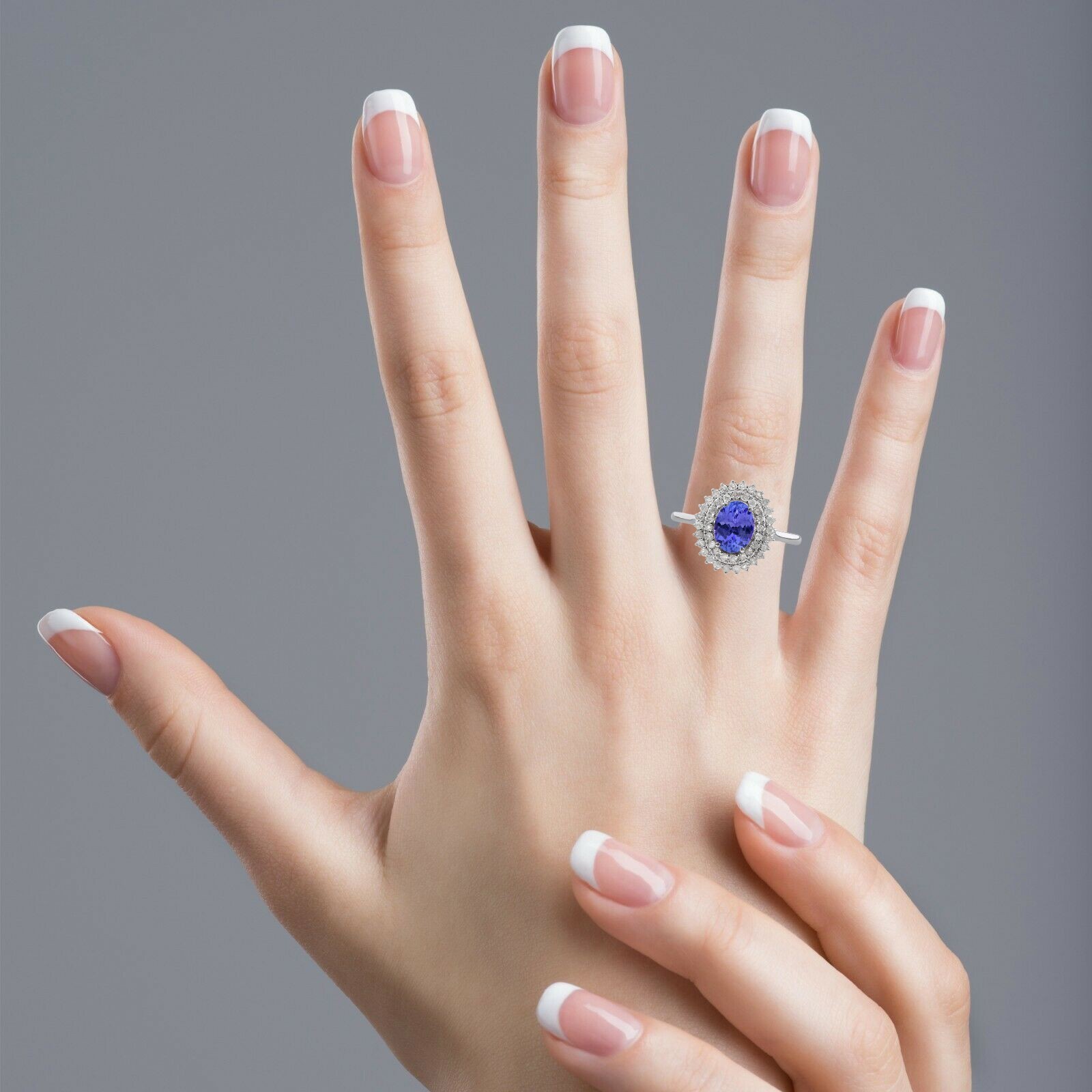 14k Solid White Gold Oval Natural Tanzanite & Double Halo Diamond Ring