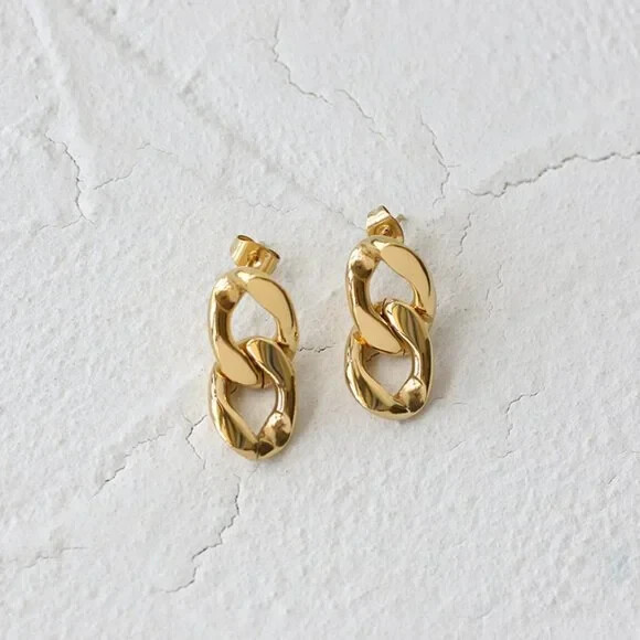 18k Gold Plated Two-Tier Chain Link Style Drop Dangle Earrings PVD