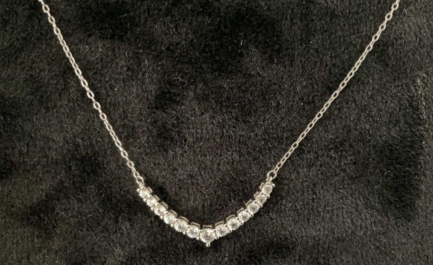 Sterling Silver CZ Curved Bar Necklace Graduated Arc Pendant 17” 925 Chain