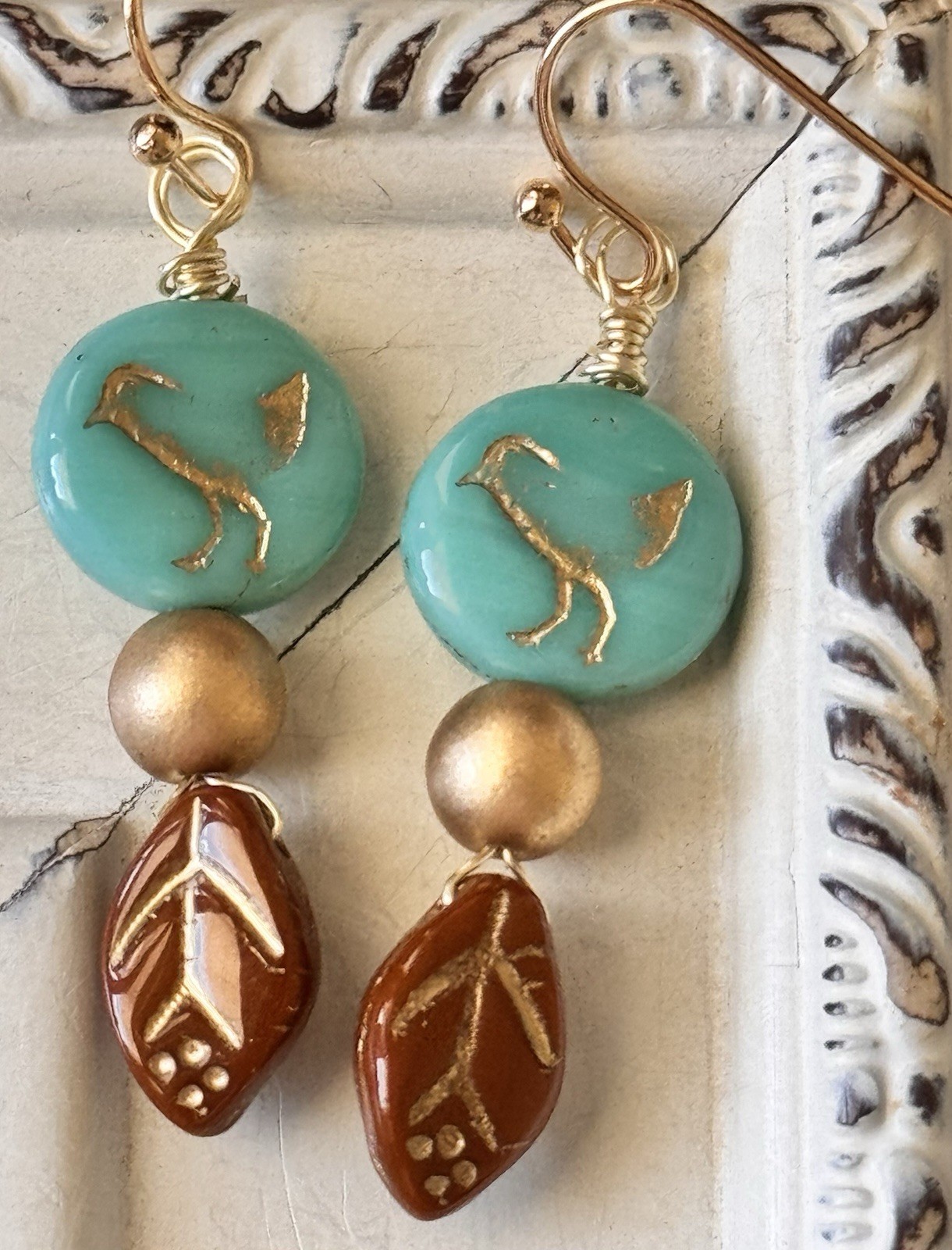 Gold, Brown Leaf and Teal Bird Bead Earrings. Love. Nature