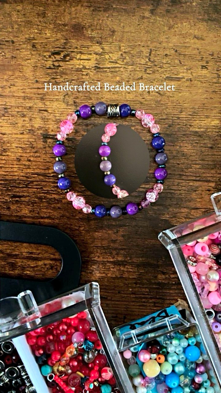 Handmade Beaded Stretch Bracelet Purple Pink Blue Round Beads Stackable Sizable