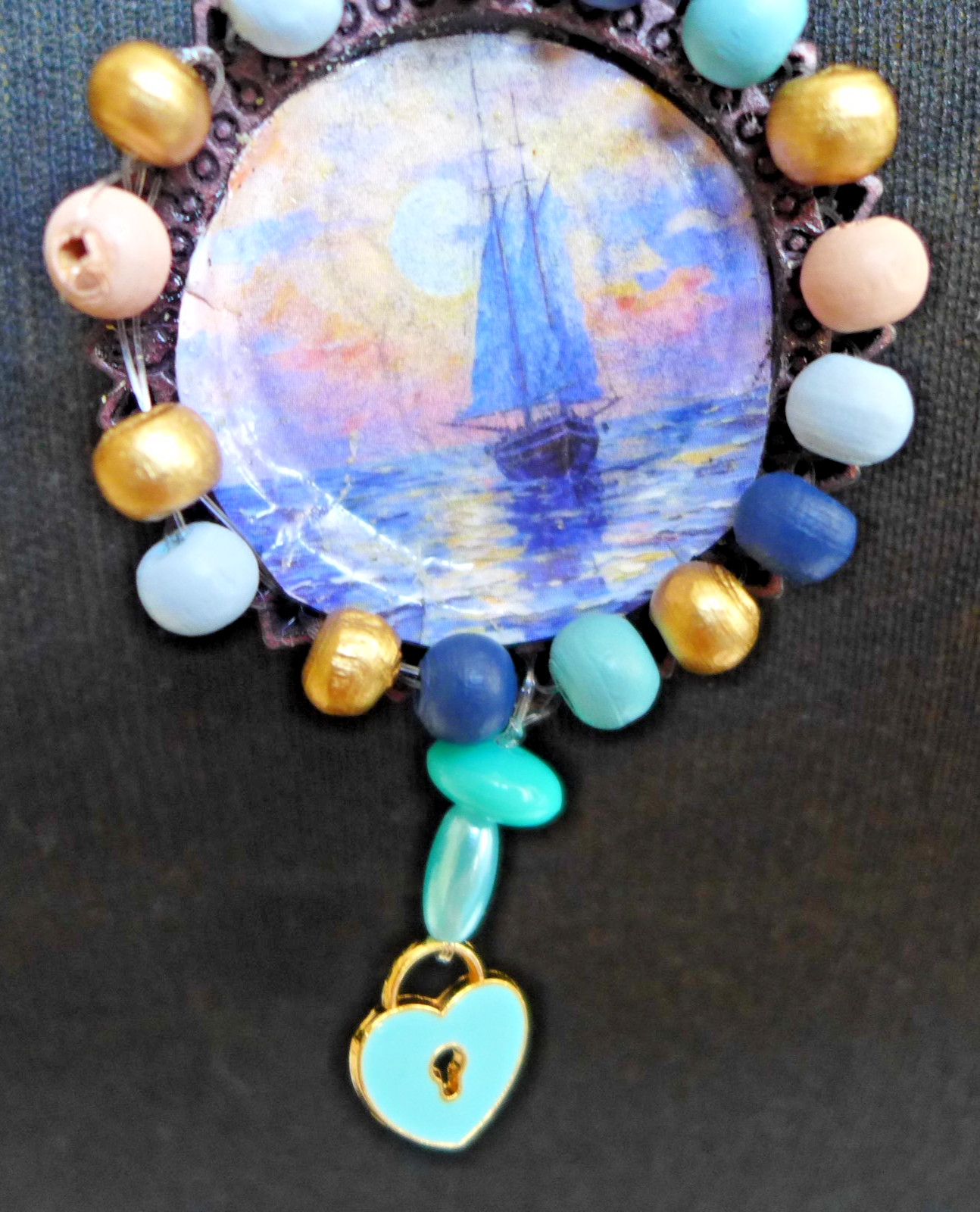 Handmade Necklace With Hand Painted Wood charm Natural Artistic Eco Beauty beads